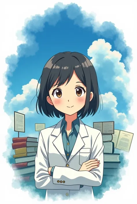 Hello, I want an animated image like Studio Ghibli of a psychologist with slanted eyes,  shoulder length hair, young, smiling and tender. Let the image be full body and a watercolor in the shape of a blue cloud, that there are psychological achievements ar...