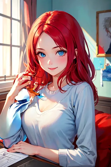 ((masterpiece)), (((best quality))), chromatic lighting,
colorized, red + white limited color palette, 
detailed concept drawing, her private room, street fasion,
portrait, 20yo 1girl, medium soft breasts, slender, long red hair, blue eyes, smiling, no wei...