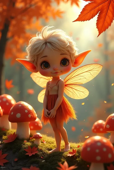 Anthropomorphic realistic cartoon autumn fairy、Red leaves and polka dot mushrooms frame the screen.