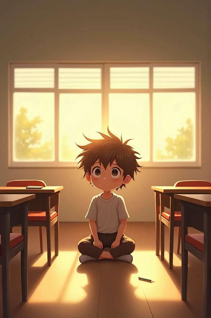 A boy alone in a class room 