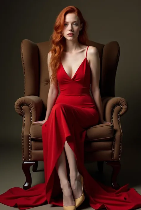 Sophia Lillis, slender body, long wavy hair, thick thighs, wide hips, photo studio, sitting with her legs crossed in a wingback chair, tight elegant red dress