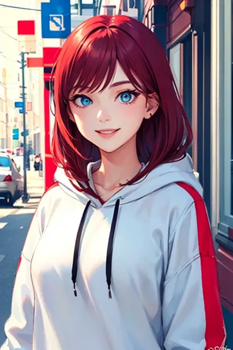 ((masterpiece)), (((best quality))), chromatic lighting,
colorized, red + white limited color palette, 
detailed concept drawing, street fasion, hoodie,
portrait, 20yo 1girl, medium soft breasts, slender, long red hair, blue eyes, smiling, no weird objects...