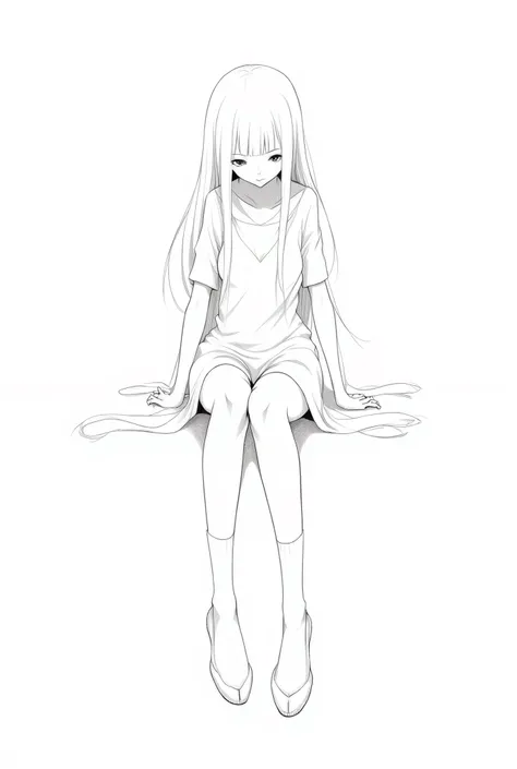 Lineart image of a girl sitting in the middle of a blank background Wearing high socks long white hair, white skin, white clothes, white shoes, white background line art.No colors thick thighs thick  facing forward Apply facing down prespective a hot sitti...