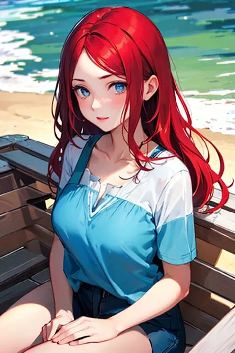 high quality, subsurface scattering, chromatic lighting,
colorized, red + white limited color palette, 
detailed concept drawing,
on a beach
portrait, 20yo 1girl, medium soft breasts, slender, long red hair, blue eyes