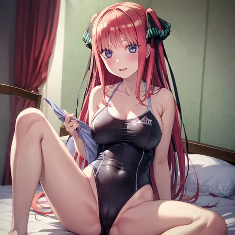 best quality, insanely detailed, nino nakano, breasts, blush, bedroom background, looking at viewer, cheerful eyes,arousal, one-piece swimsuit, spread legs, tankini