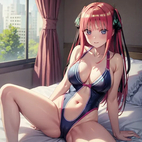 best quality, insanely detailed, nino nakano, breasts, blush, bedroom background, looking at viewer, cheerful eyes,arousal, one-piece swimsuit, spread legs, tankini