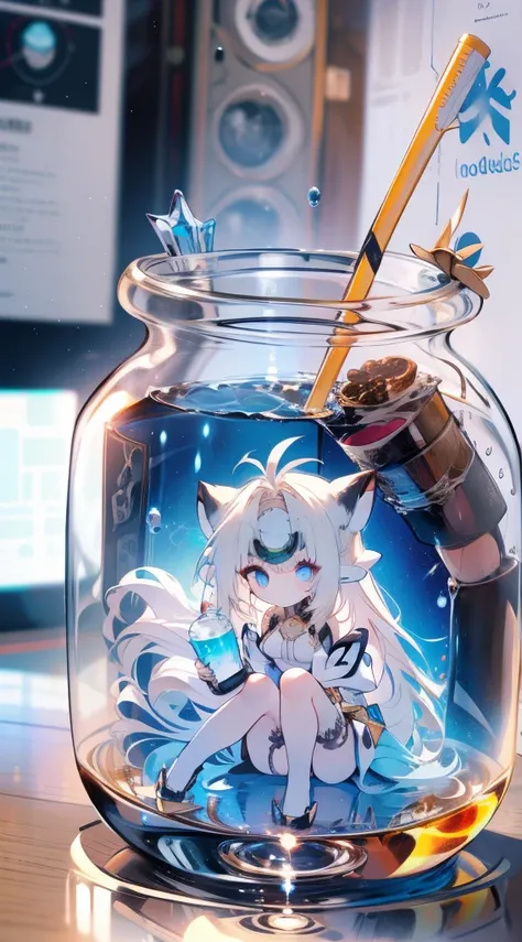 （（（（（(inside jar)））））））、one-girl, full bodyesbian, solo, girl in jar、adolable、small, A piece of, Blonde hair, long whitr hair, double tails, eBlue eyes, Eau, Eau泡