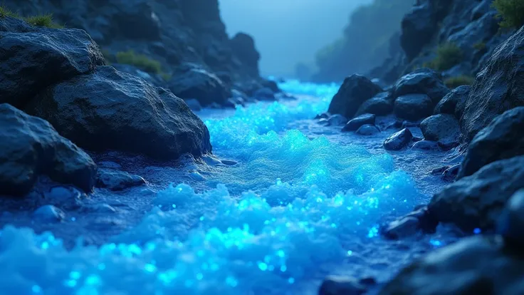 Close up of a blue stream flowing through a rocky area, The art of math by Juan Giménez, tumblr, The art of math, river of Blue flame, Blue flames surrounding, magic Blue flame, Blue flame!, Blue flame everywhere, Blue flame, emerging from Blue flame, brea...