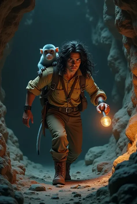 A twenty-five year old man in a hurry, with black hair, curly and long to the shoulders. green eyes. walks through a dark cave with a torch in his hand. On his shoulder is a small blue-furred pygmy monkey.. photorealistic