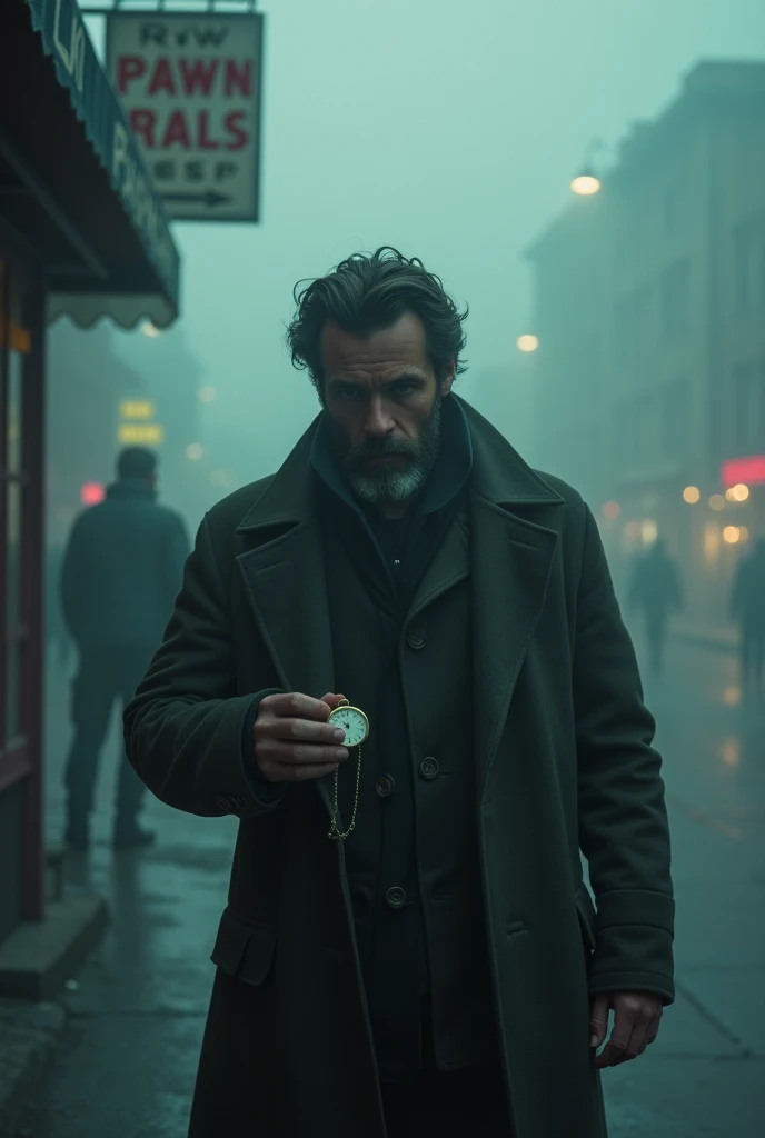 Man walking out of pawn shop with pocket watch in hand, as thick fog envelops the street. The pawn shop in the background is partially obscured., creating a sense of mystery.