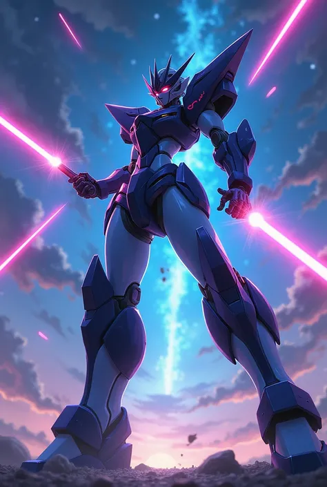 anime, Giant Robot, Uplifting,Junmin, A full-body image of an indigo and navy blue female super robot fighting with lasers coming out of its hands, slender, Simple Background,universe, 