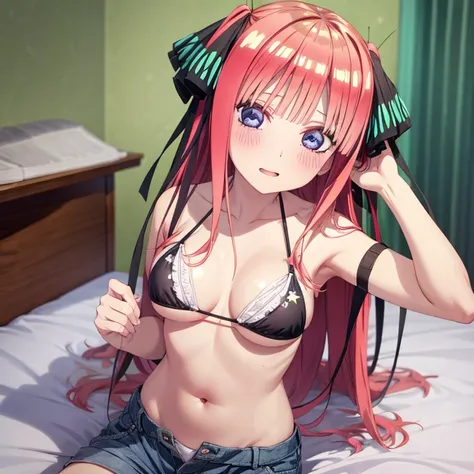 best quality, insanely detailed, nino nakano, breasts, blush, bedroom background, looking at viewer, cheerful eyes, arousal, bikini tops, tankini, short pants bottoms