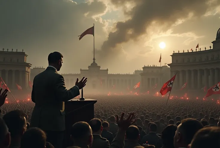 Adolf Hitler speaks at the rally falling into darkness 