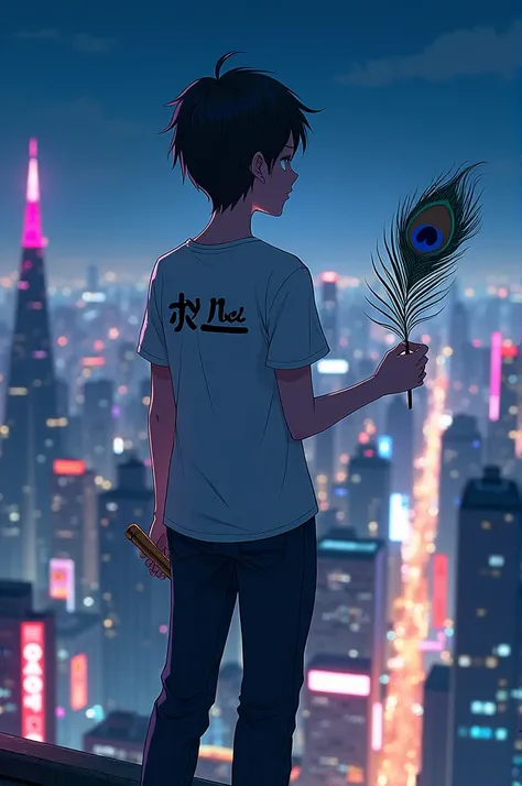 /imagine a anime character boy, 19 years, white face, full pant , name DEV which is written in his tshirt, standing, from_behind,top of the city , scenario, night, japanees city , hold one hand peacock feather and one hand small flute,