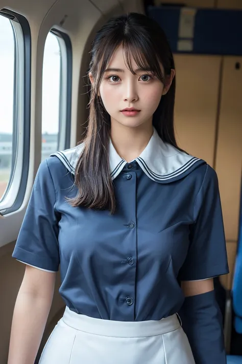 Highest quality, masterpiece, 8k, Ultra-high resolution, (Realistic: 1.4), 1 person, Beautiful Face, Symmetrical eyes, big, Perfect Body Proportions, Stewardess Uniform, Audience&#39;vision, (Inside the plane: 1.2), Front view, Shoulder jumps, Absolute are...