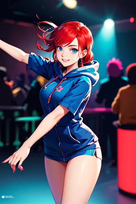 high quality, subsurface scattering, chromatic lighting,
colorized, red + white limited color palette, 
detailed concept drawing,
dancing, in a club, futuristic, cyberpunk, hoodie,
portrait, 20yo 1girl, medium soft breasts, slender, long red hair, blue eye...