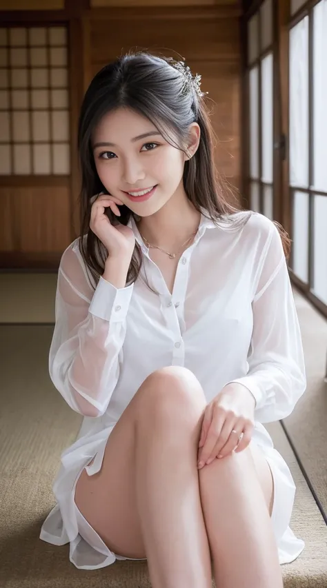 (Highest quality、4K、masterpiece:1.3)、美しい公園の芝生の上にSitting美しい 28 歳の上流階級の, Realistic skin texture、Sitting, (very good)combine_Hmph, long dress shirt、wear ((See-through shirt:1.3)), Incredible beauty、 skirt, (Ultra-realistic legs)、Elegant Japan woman, long dres...