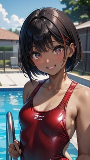 Black Hair、Very Short Hair、Light grey eyes、(Tanned brown skin)、((Dark Skin))、Flat Chest、thin、small、(Primary school students)、(Red bangs hairpin)、((Red swimsuit))、Outdoor,Pool、swimming、(((smile)))、Wet body