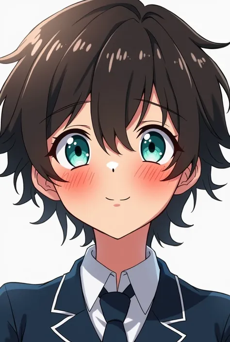 Chico, male gender, like , Dark brown wavy hair a little long, turquoise eyes, He wears a navy blue school uniform, he is very blushing, his whole face is red. anime style.