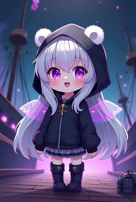 Chibi,cute,간단한 ship경,1 woman, alone,  looking for_~to_viewer, open_mouth,, long_Sleeve, jacket, saturated_body, White_short hair, Boots, Hood, Chibi, Black color_footwear, Black color_jacket, purple_eye,  colo red_skin, Hooded_jacket, Cloak, Abyss_ship, pe...