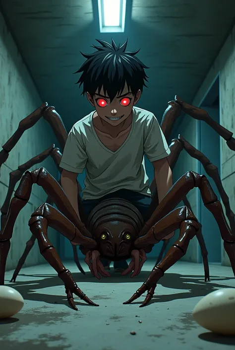 A boys lower_body is transformed into a scorpion(Japanese anime style)（drider）(student costume)(eight legs)(entire spider_body)(red eyes)(creepy smile)（basement）(eggs on floor)