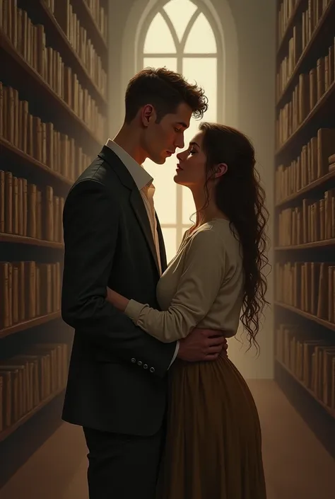 um casal, Tall thin man, fat woman, facing each other, hugging in a library.
