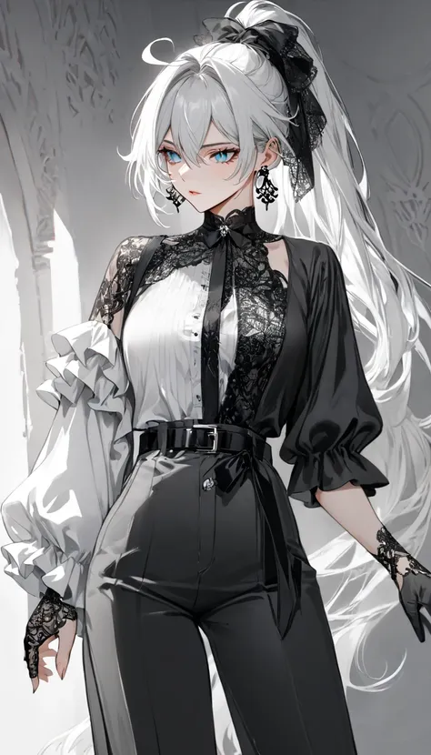 masterpiece, best quality, kiana kaslana (honkai impact 3rd), herrscher of finality, white hair, ahoge, ponytail, very long hair, blue eyes, slit pupils, (monochrome formal outfit:1.5), (ruffled sleeves:1.6), (high-waisted tailored pants:1.5), (belted wais...