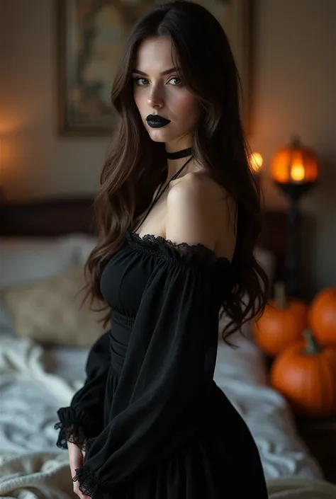 Beautiful brunette straight hair, standing in bedroom wearing a black gothic dress, black lipstick looking at viewing smiling, pumpkins in background