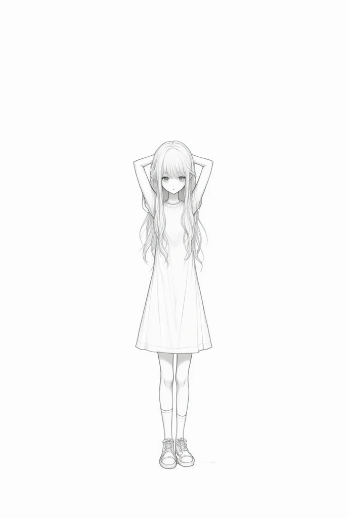 Lineart image of a girl sitting in the middle of a blank background Wearing high socks long white hair, white skin, white clothes, white shoes, white background line art.No colors thick thighs thick  facing forward Apply facing down prespective a hot sting...