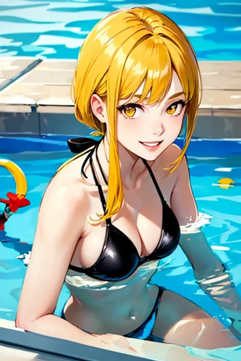 high quality, subsurface scattering, chromatic lighting,
colorized, yellow + black limited color palette, 
detailed concept drawing,
swimming pool, bikini,
portrait, 20yo 1girl, medium soft breasts, slender, yellow hair, yellow eyes, smiling