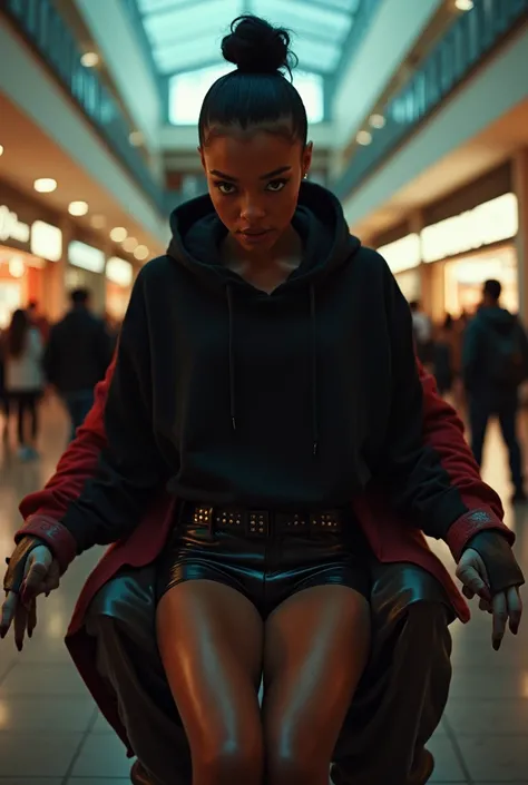 black woman hair in a bun black hoodie black leather short shorts excited look on her face with eyes really big and wide open setting on scary clowns lap at the mall side full large picture shot 
4k romantic sexy camera angle looking up from her feet up