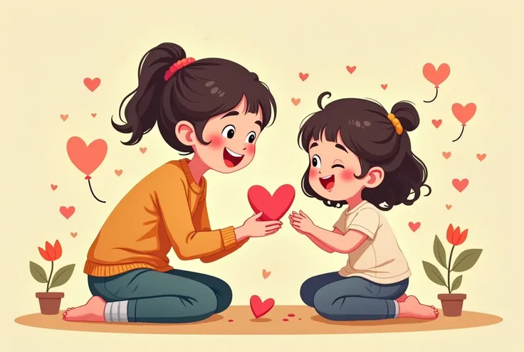  daughters fun imaginary cartoon image, cartoon, cute cartoon, cute cartoon style, motherly love, cute illustration, clean anime art