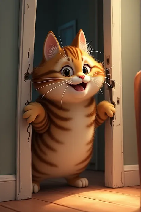 A fluffy tabby cat named Whiskers attempting to squeeze through a small, cracked-open door. The cat is halfway through, with its body wriggling and showing signs of struggle."