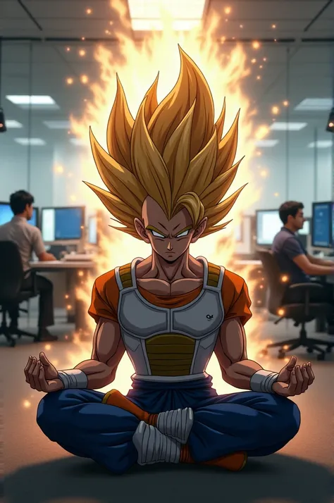 Vegeta from Dragon Ball Super with curly hair, meditating with eyes closed among many people in an office