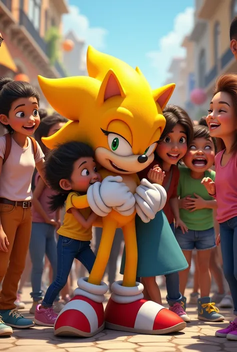 Yellow Sonic hugging with adults and young people