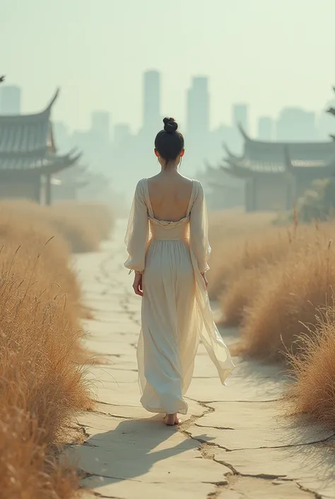 In ancient China, during the Tang Dynasty, a naked and beautiful young woman with no makeup walked weakly on a dirt road out of the city to a barren rural village. The atmosphere was filled with grass along the dry sidewalk.