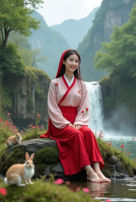 Beautiful Korean girl with white skin. Well-groomed face, sweet smile, sitting on a rock next to the waterfall, surrounded by small red and pink flowers, and rabbits wandering around the flowers, smiling faintly, long red hijab with a combination of pink, ...