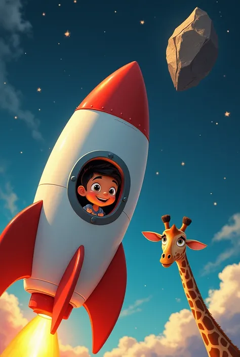 Rocket ship with a  Latino boy and a giraffe inside destroys an asteroid, Pixar-style drawing 