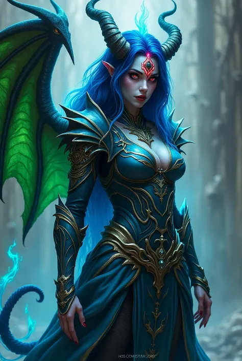 A woman wearing blue armor with green accents, has dark blue skin, your mouth has sharp teeth your hair is dark blue with.red tips, she has servant horn, green wings and lion&#39;s tail, Her nails are long and sharp and she releases blue fire, on his foreh...