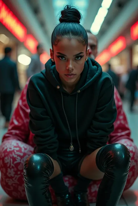 black woman hair in a bun black hoodie black leather short shorts excited look on her face with eyes really big and wide open setting on scary clowns lap at the mall side full large picture shot 
4k romantic sexy camera angle looking up from her feet up