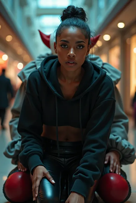 black woman hair in a bun black hoodie black leather short shorts excited look on her face with eyes really big and wide open setting on scary clowns lap at the mall side full large picture shot 
4k romantic sexy camera angle looking up from her feet up