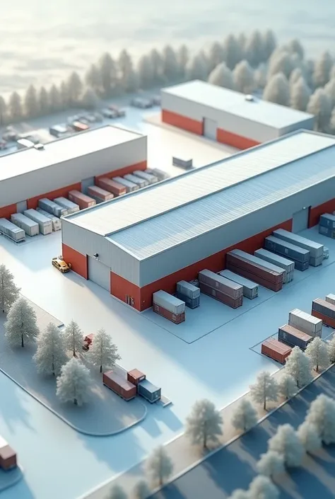 Image model of a warehouse with an exterior view from above that has a Reception Door to the south and a Dispatch door to the west. Type of dynamic storage system with exterior space for a yard of about 15 containers and an area of 30 exclusive parking spa...