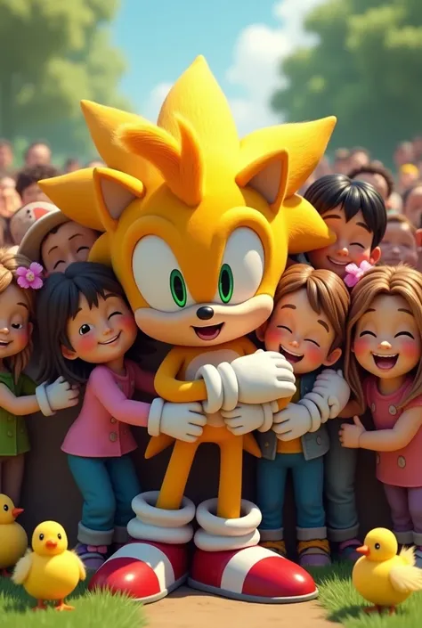 Yellow Sonic hugging with adults and young people and the chicks 