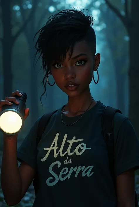 20 year old black woman with styled hair and undercut with a mysterious expression black eyes wearing a summer camp t-shirt with the words Alto da Serra written on it and a flashlight in her hand, kind of dark academia style dc comics style dc comics style