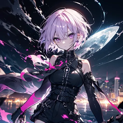 1 person、Mature、Short Hair、short hair、Light purple hair、Outer Honeycomb Hair、Center Part、Pink Eyes、Slanted Eyes、Boyish、neutral、cool、Black costume、Armament、Shorts、Moonlit Night、Earrings、Serious face、Black Aura、Black Flame、Downtown、Night view、High resolution...