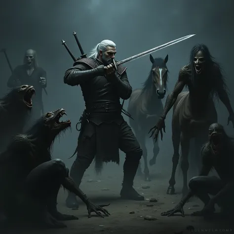 The Witcher fights with ghouls, in the background there is a horse standing nearby and looking up