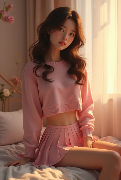 a beautiful young girl with brown hair, pale skin, wearing a pink sweater and miniskirt, perfect legs and ass, in his room, high quality, photorealistic, detailed, 8k, masterpiece, digital art, intricate details, soft lighting, cinematic composition, elega...