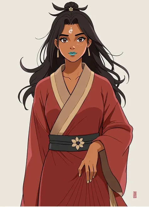 Avatar Korra from "the legend of korra", wearing an air nomad&#39;s robe, using black eyeliner around the eyes, light blue lipstick on the lips, hair tied in a bun with a black stone flower pretending to be the hairstyle. 2d image