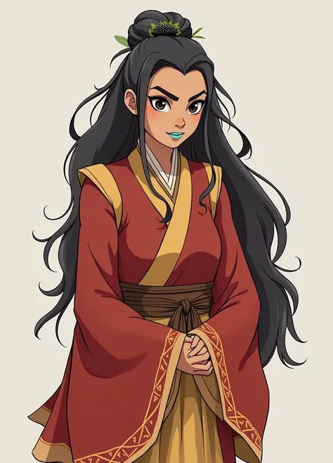 Avatar Korra from "the legend of korra", wearing an air nomad&#39;s robe, using black eyeliner around the eyes, light blue lipstick on the lips, hair tied in a bun with a black stone flower pretending to be the hairstyle. 2d image