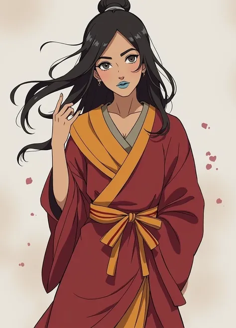 Avatar Korra from "the legend of korra", wearing an air nomad&#39;s robe, using black eyeliner around the eyes, light blue lipstick on the lips, hair tied in a bun with a black stone flower pretending to be the hairstyle. 2d image